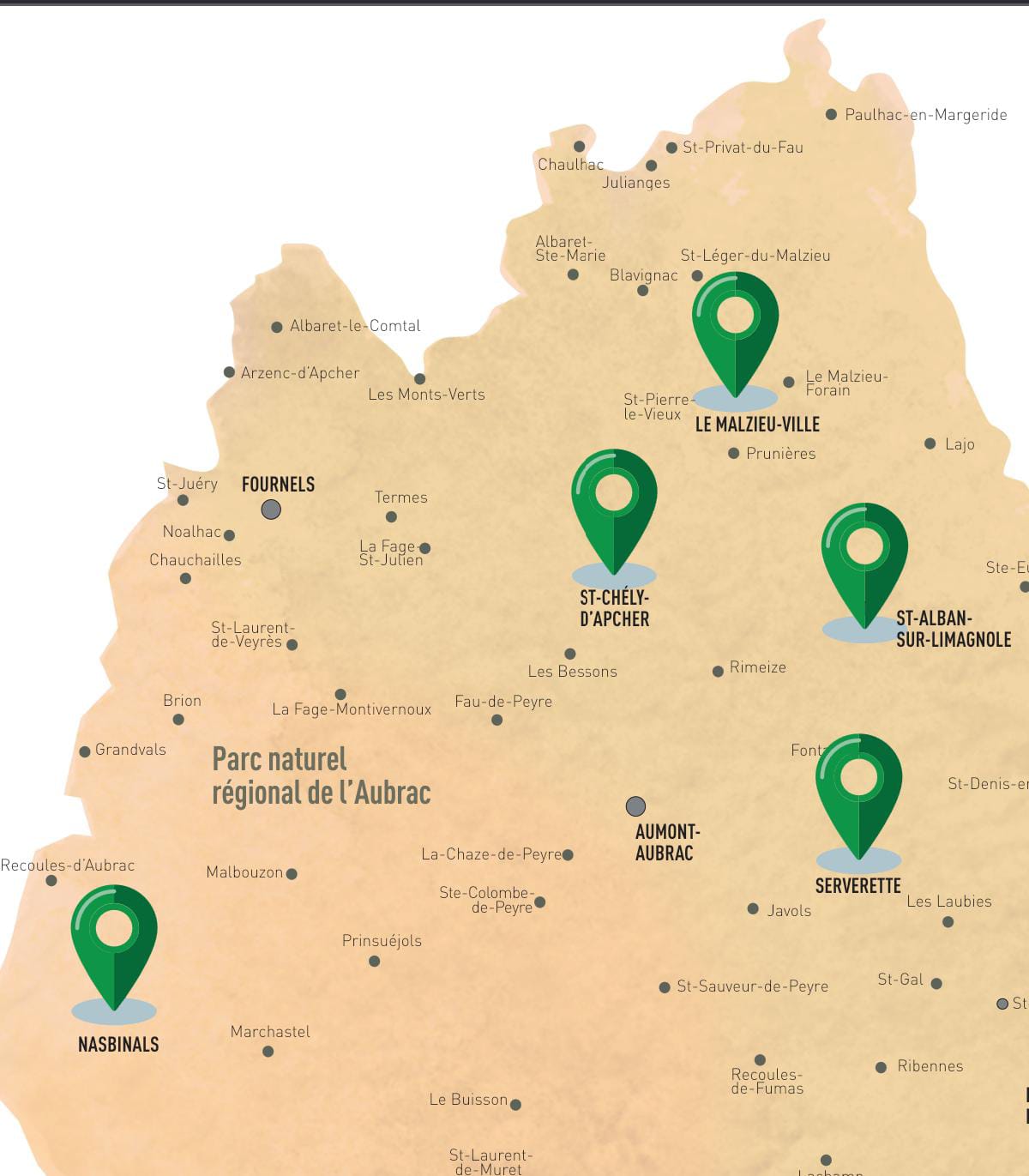 Carte des lieux d'exercice : Saint-Chély-d'Apcher, Le Malzieu-Ville, Saint-Alban-sur-Limagnole, Nasbinals, Serverette